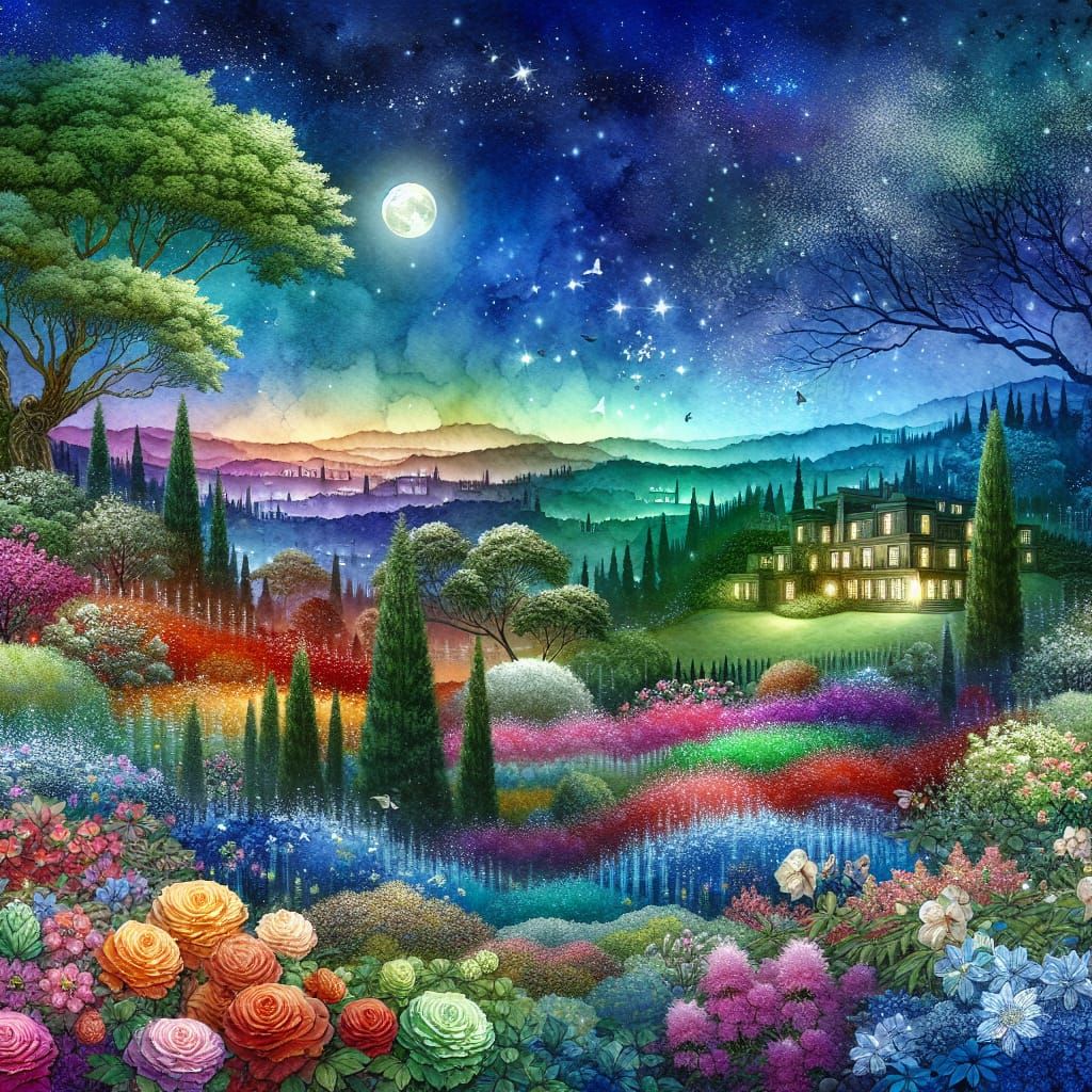 Enchanting Night Garden in Watercolor Style