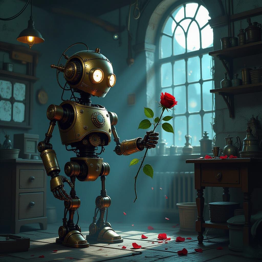Steampunk Automaton in Victorian Workshop with Rose