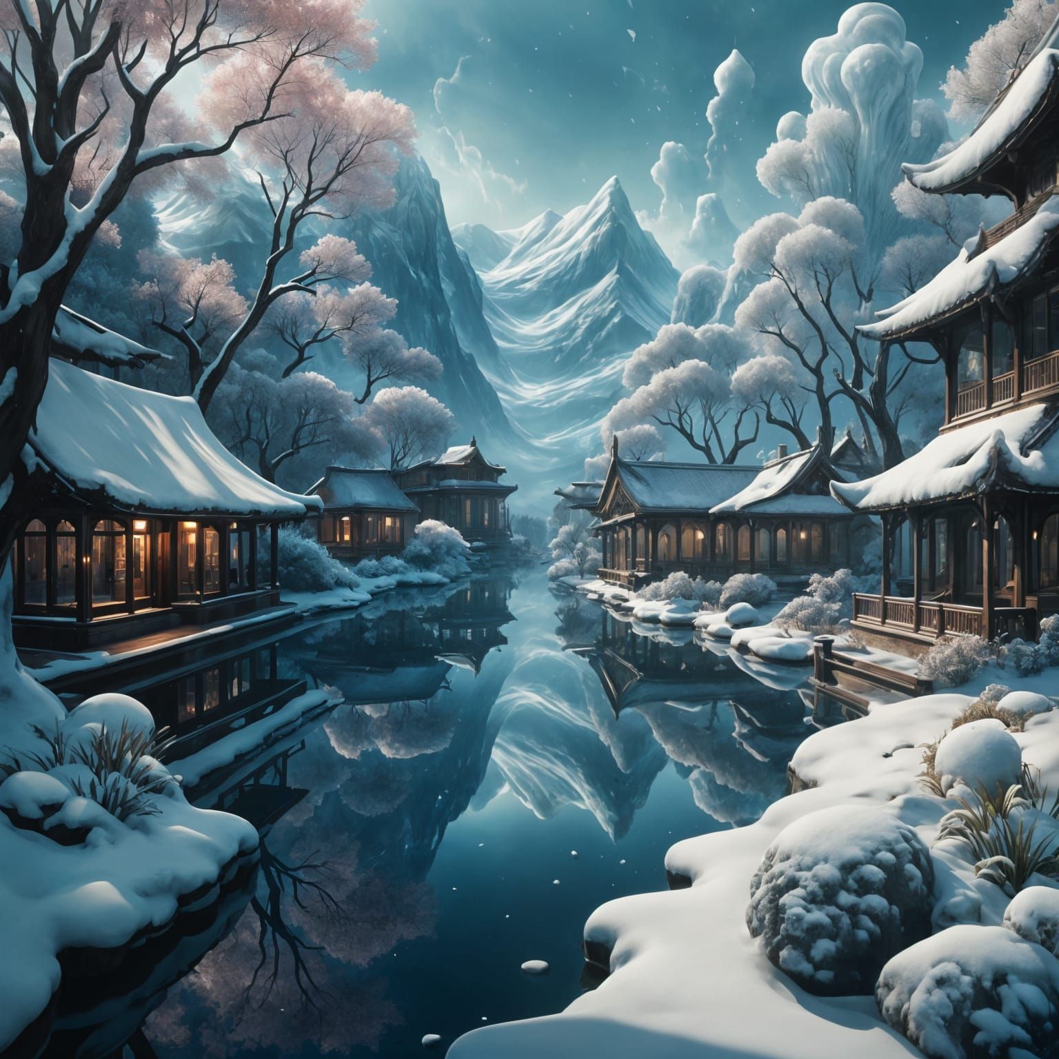 Ethereal City Park Oasis in Snow and Ice