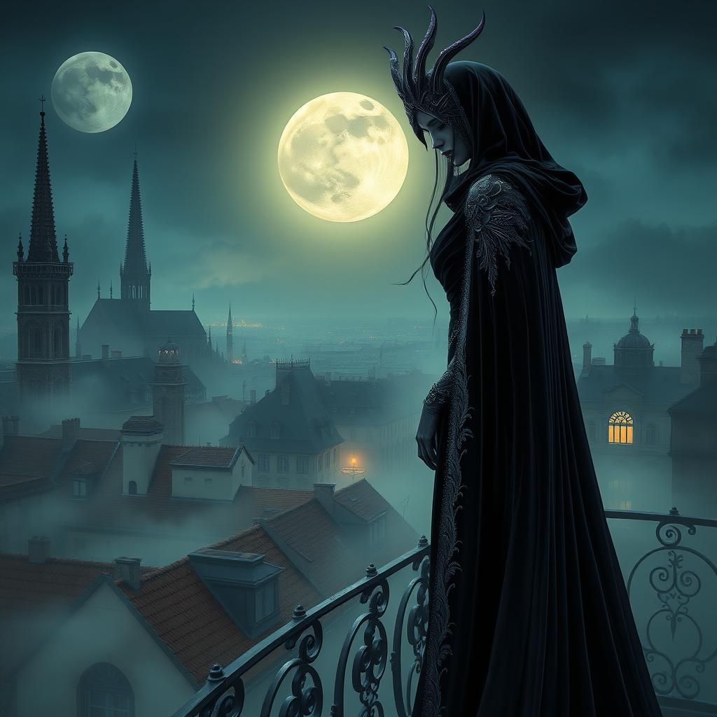 Drow Queen Over French City, Matte Painting Style