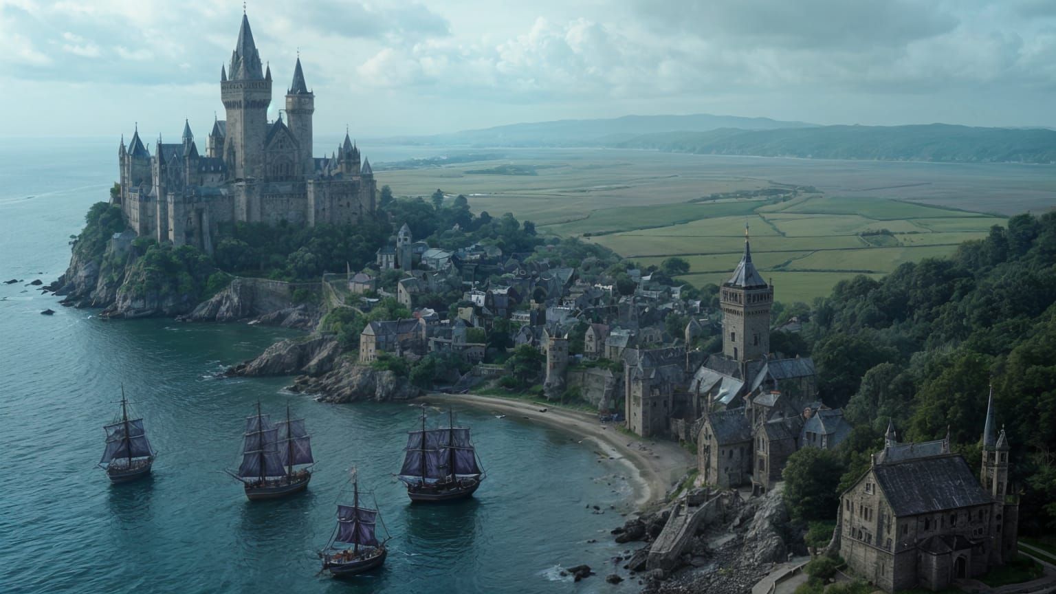 Ethereal Castle Beside Seaside Village in Medieval Fantasy