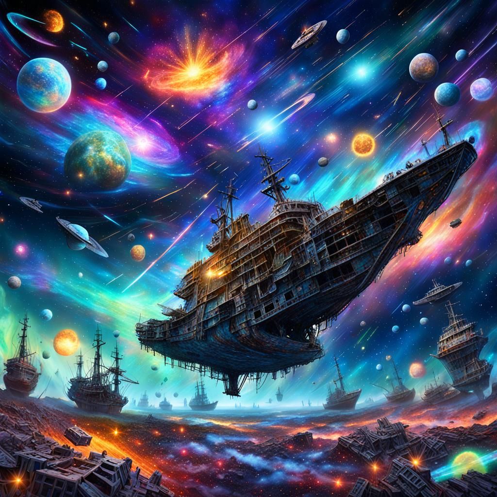 Intergalactic Armada Battle in Cosmos by Pablo Amaringo