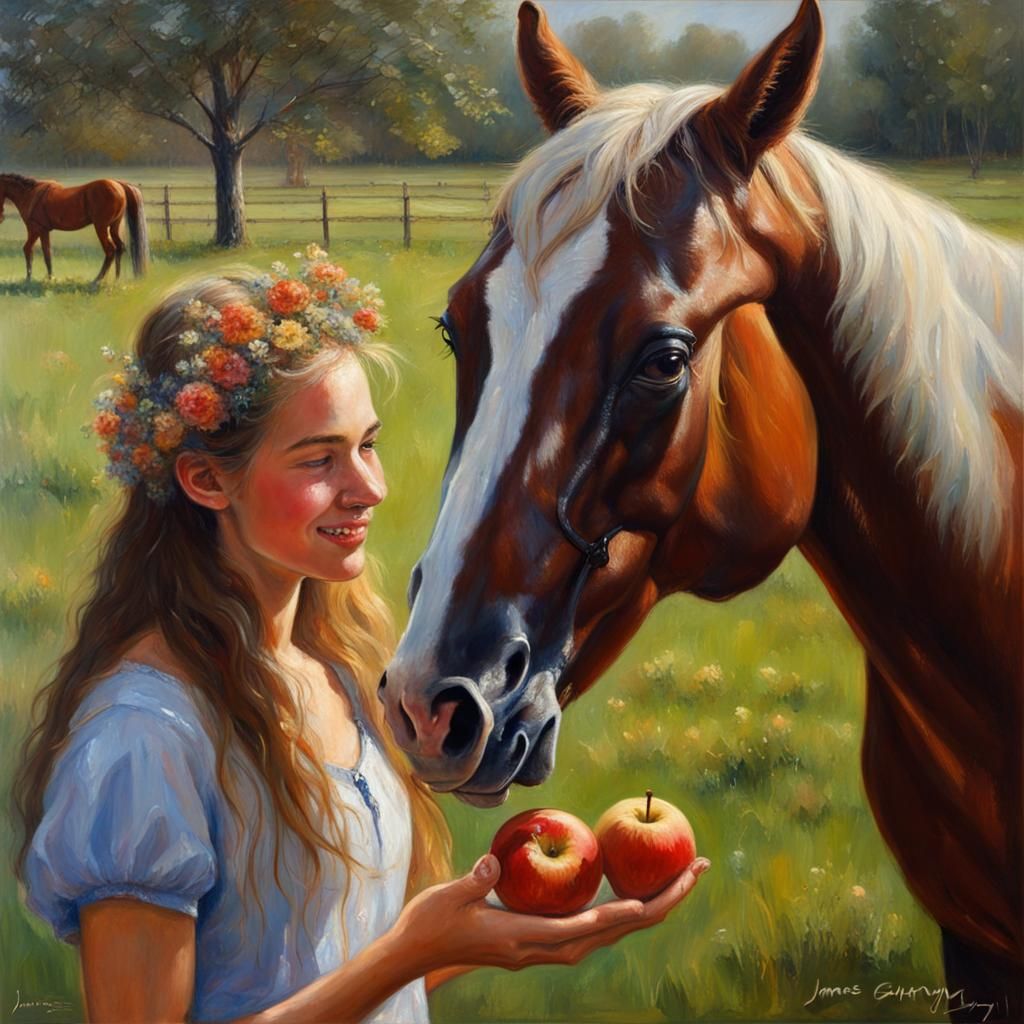 Girl Feeds Horse: Oil Painting Style