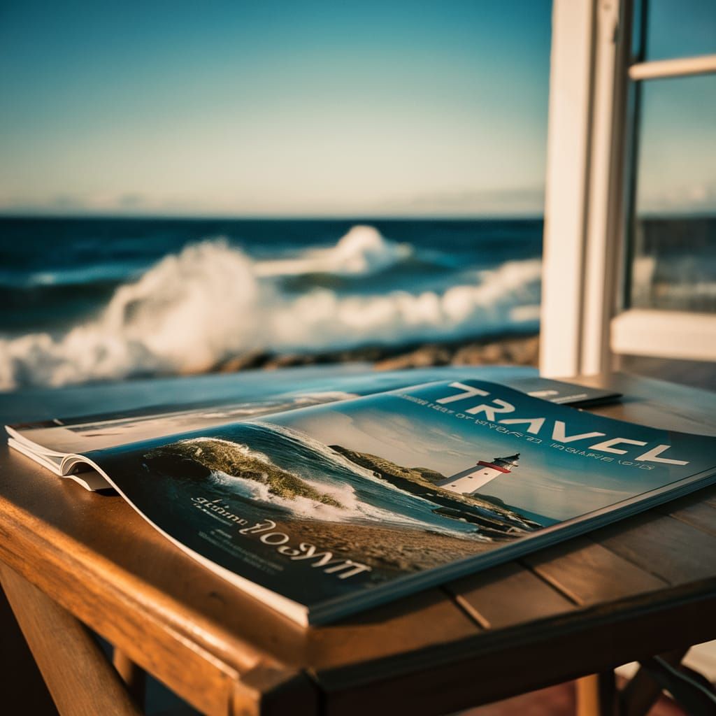 Travel Magazine on Wooden Table by Window