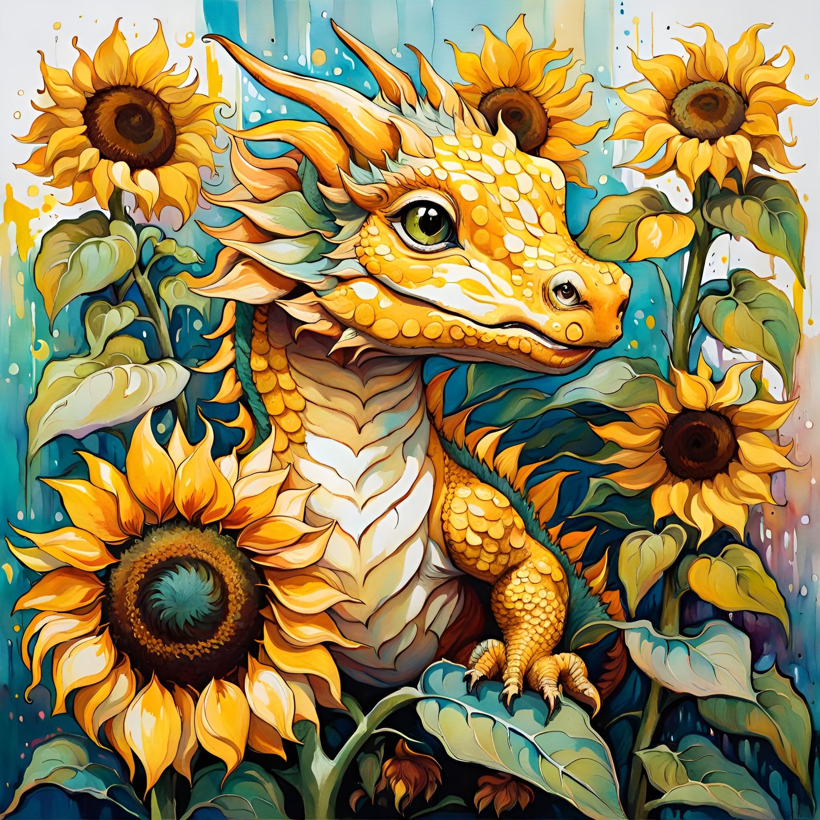 Adorable Sunflower Dragon in a Floral Garden