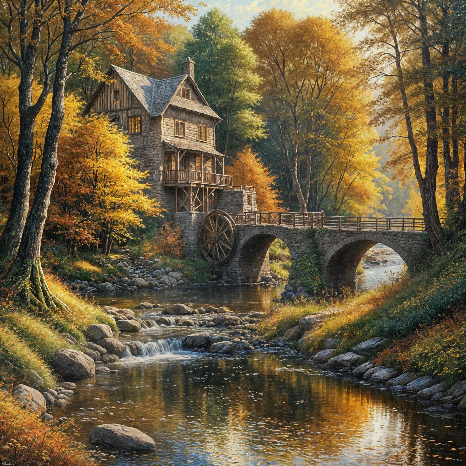 Pointillist Watermill in Autumn Forest, Oil Painting