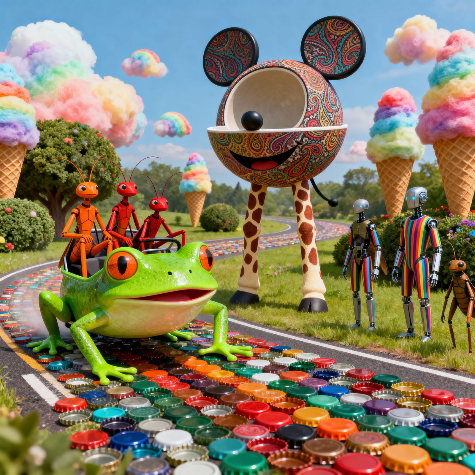 Neon Frog Vehicle with Mantis Family and Ice Cream Trees