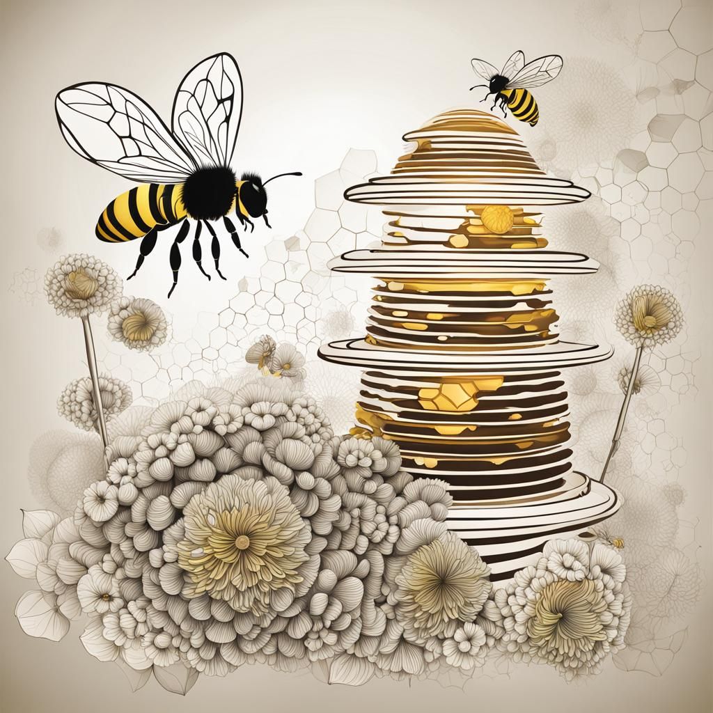 Honey Bees, Hive, and Dandelions with Abstract Fractals