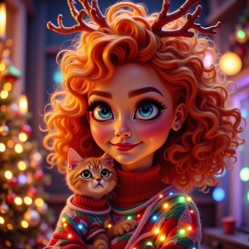 Animated Woman with Orange Curls and Festive Antlers