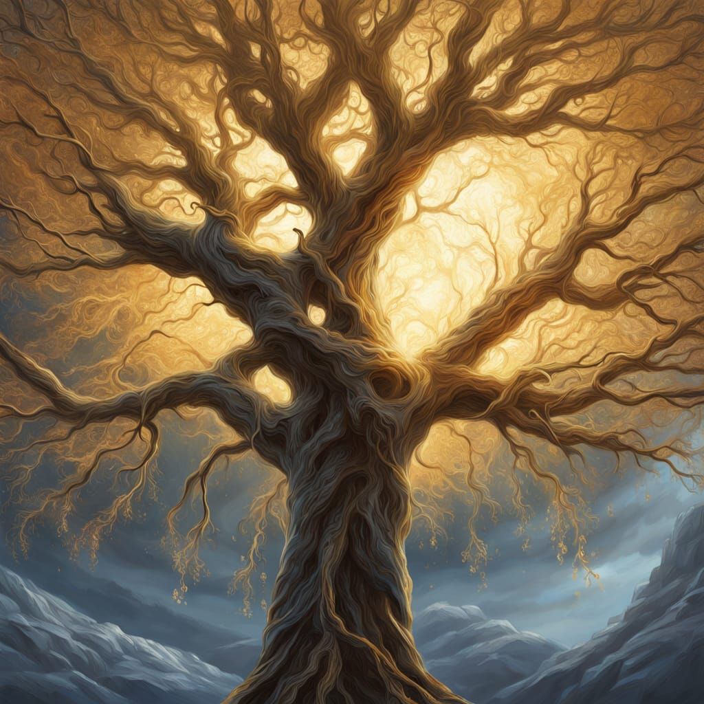Golden Tree and Luminous Sky in Fantasy Landscape