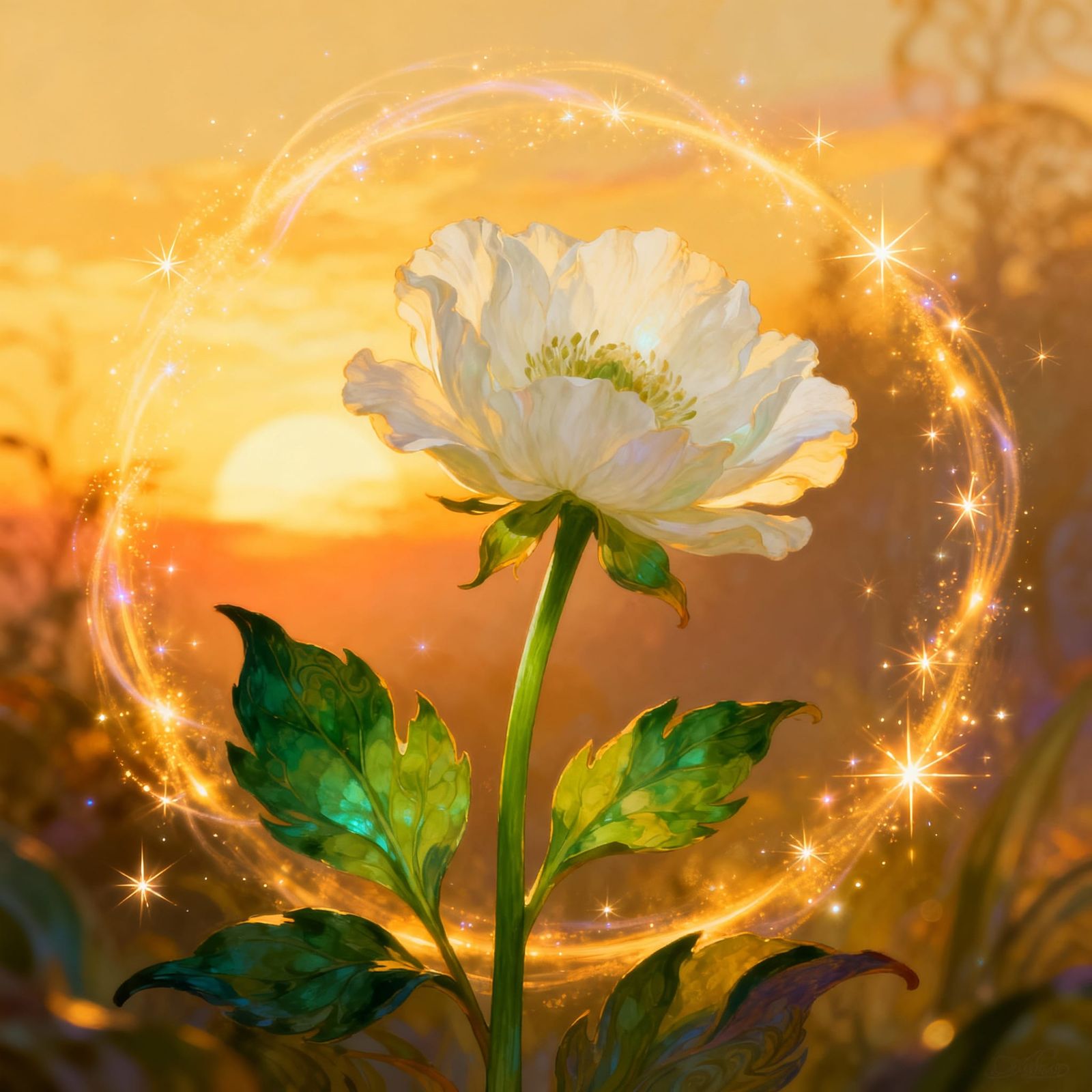 White Flower with Magical Sparks at Sunrise