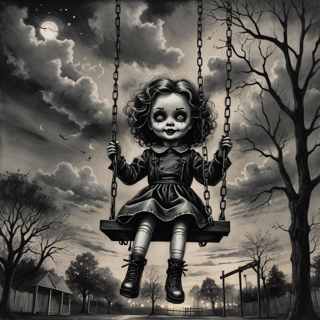 Eerie Evil Doll on Swing Set: Charcoal Sketch