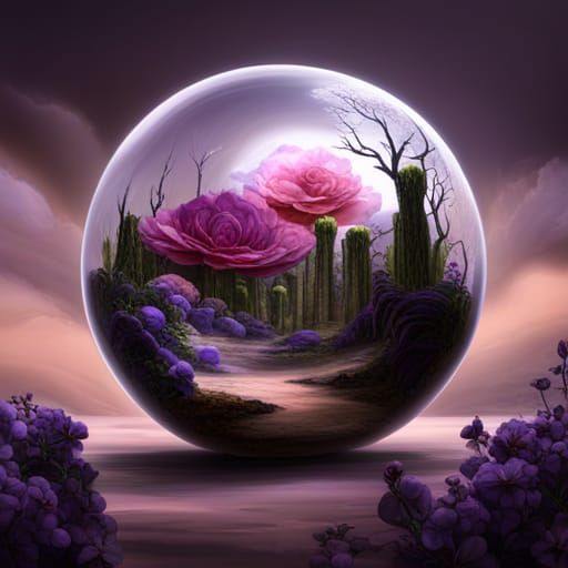 Terrarium Orb: Roses and Violets in Desolate Landscape