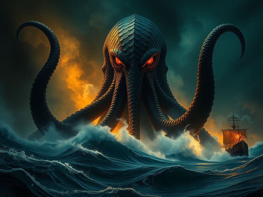 Colossal Kraken Emerges from Dark Ocean