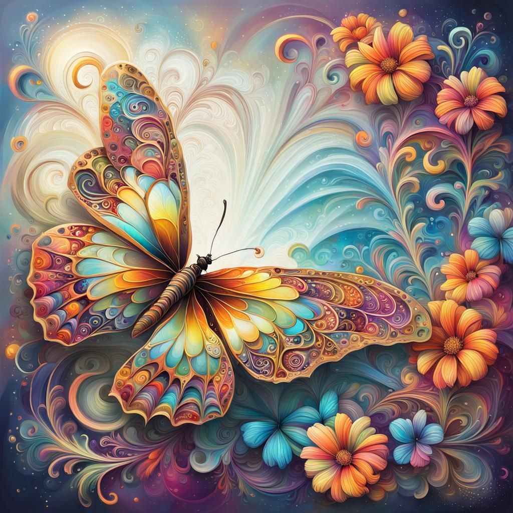 Ethereal Butterfly Among Boho Flowers Oil Painting