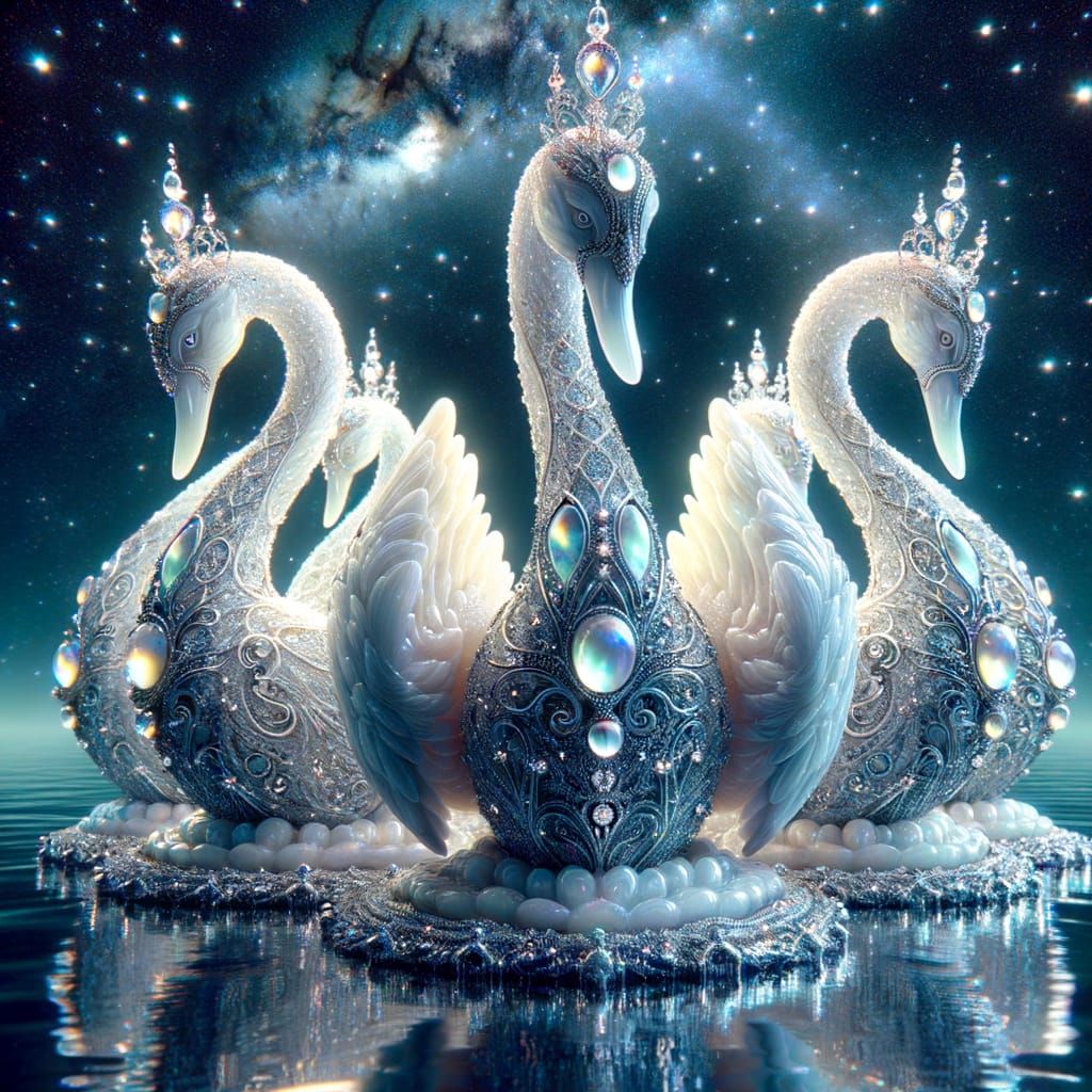 Opalescent Swan Family Sculpture on Crystalline Pond