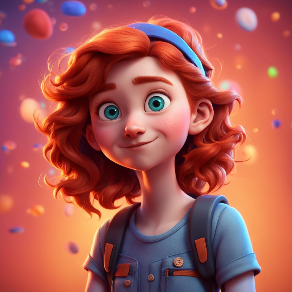 Pixar-Style Auburn Haired Girl with Blue Eyes