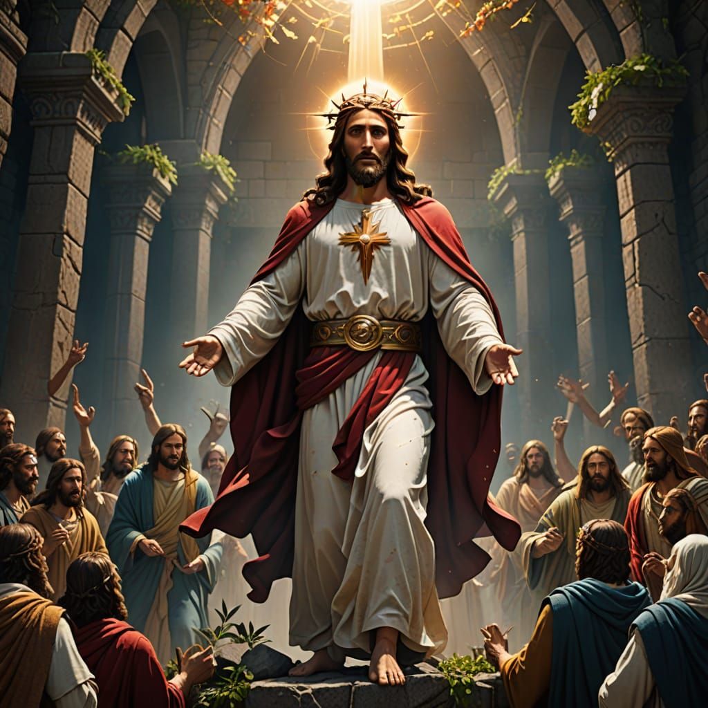 Jesus Christ Risen in Vibrant Fantasy Landscape