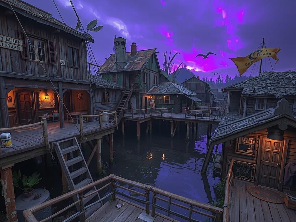 Post-Apocalyptic Pirate Town Inspired by Dark Fantasy Art