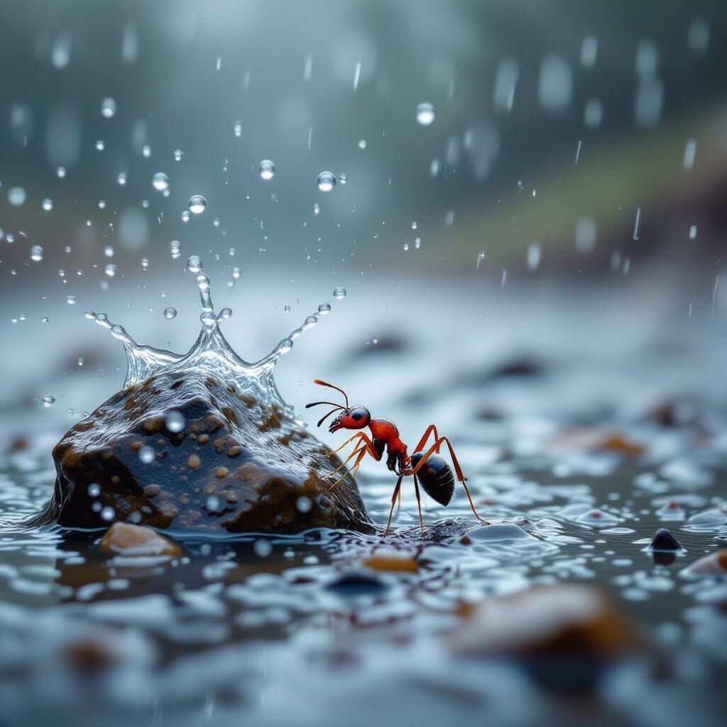 Giant Raindrops Crush World, Ant Fights On