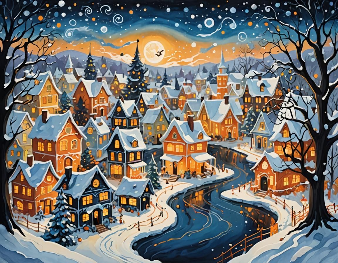 Halloween Town Fades into Christmas Town: Gouache Painting