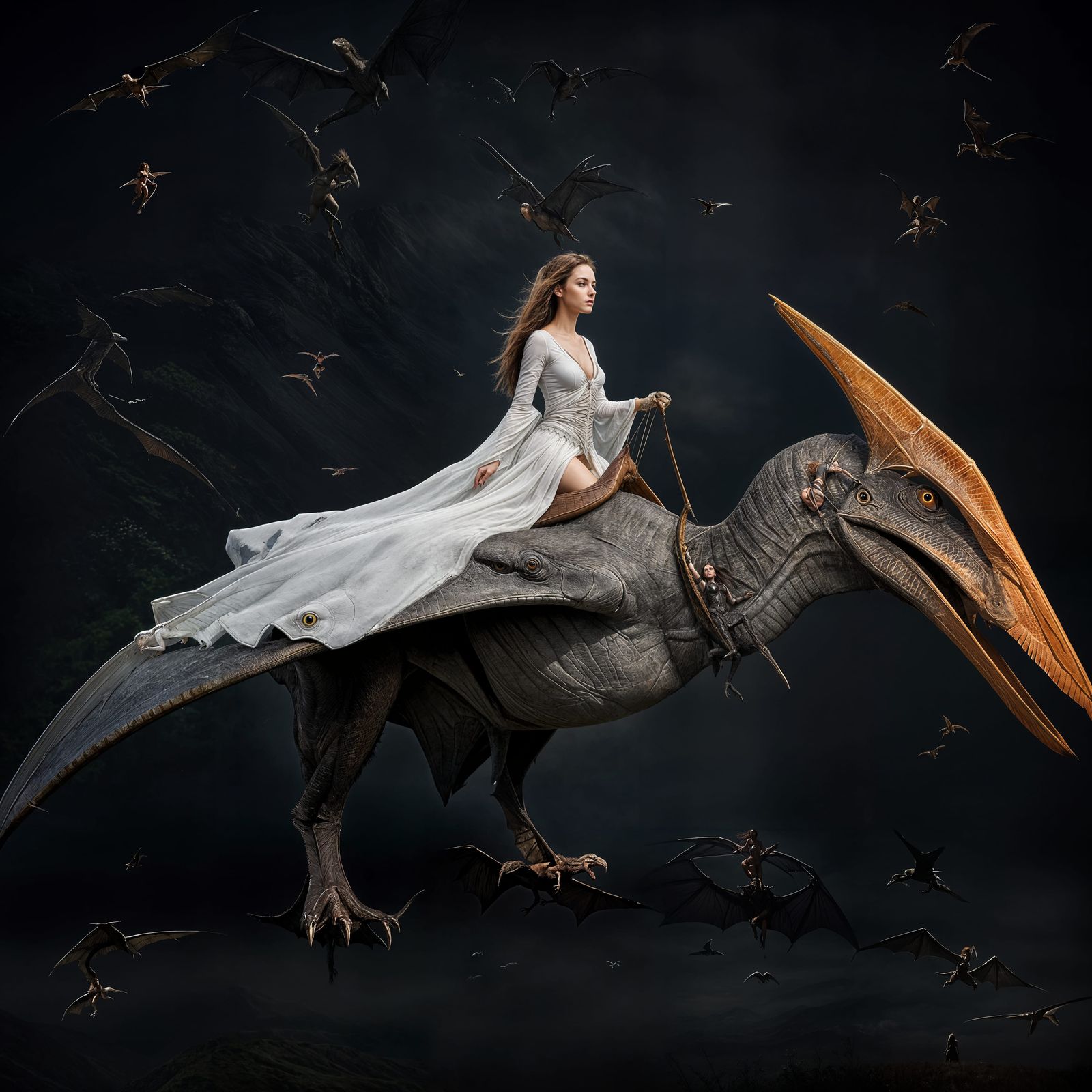 Woman Rides a Pterodactyl in Fantasy Scene
