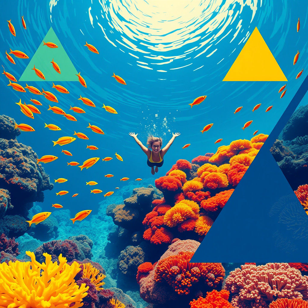 Swimmer in Coral Reef with Bauhaus Geometric Backdrop