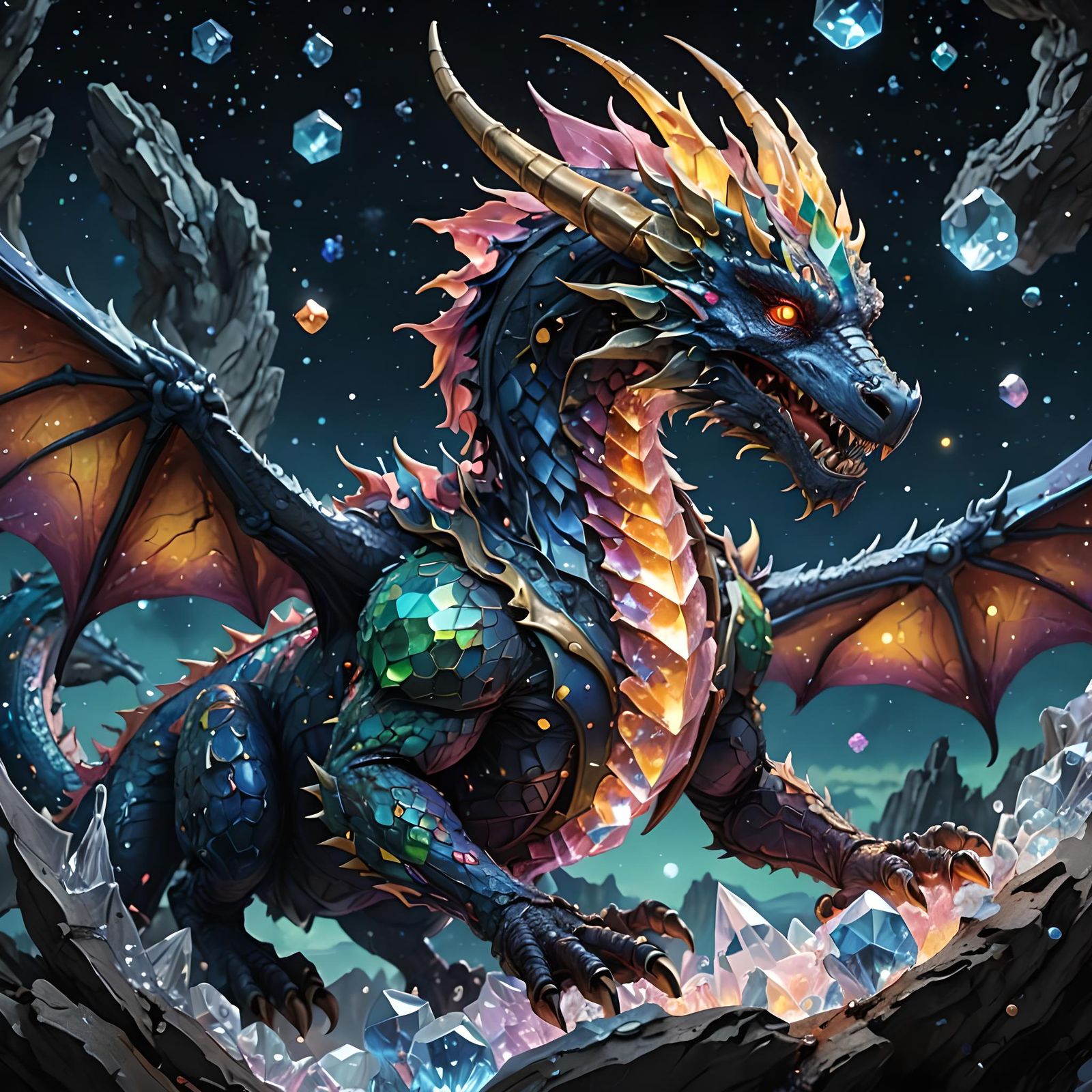 Crystal Dragon Soaring in Galaxy Sky: Fantasy Art