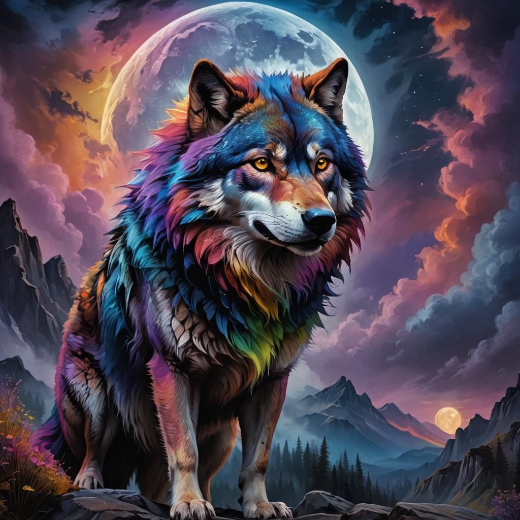 Rainbow Wolf Fantasy Art in Oil Painting Style