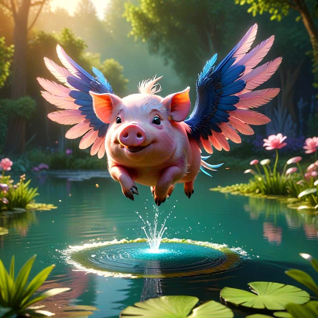 Adorable Winged Pig Flying Over Pond: 3D Digital Art