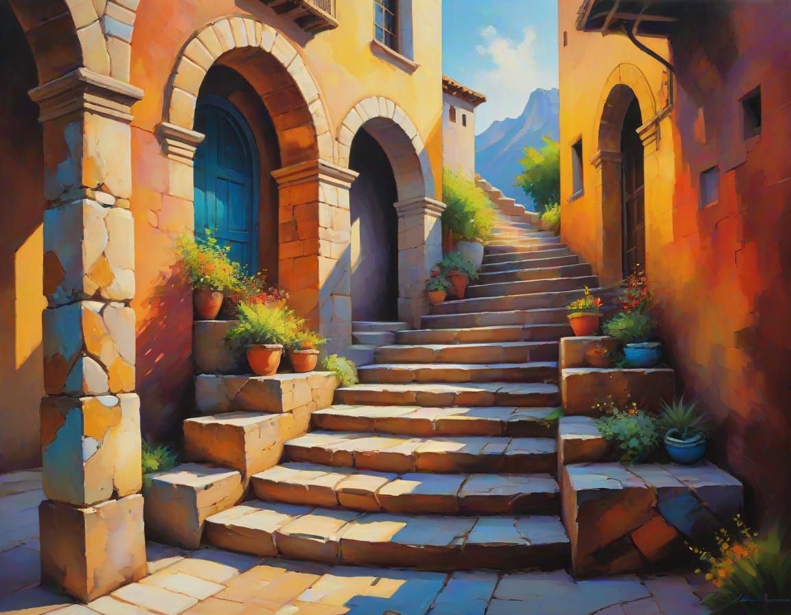 Mysterious Arched Stairway in Expressive Oil Painting