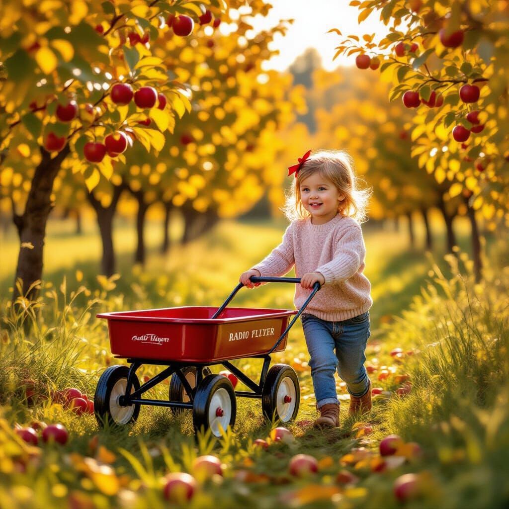 Girl Pulls Red Wagon Through Sunlit Apple Orchard