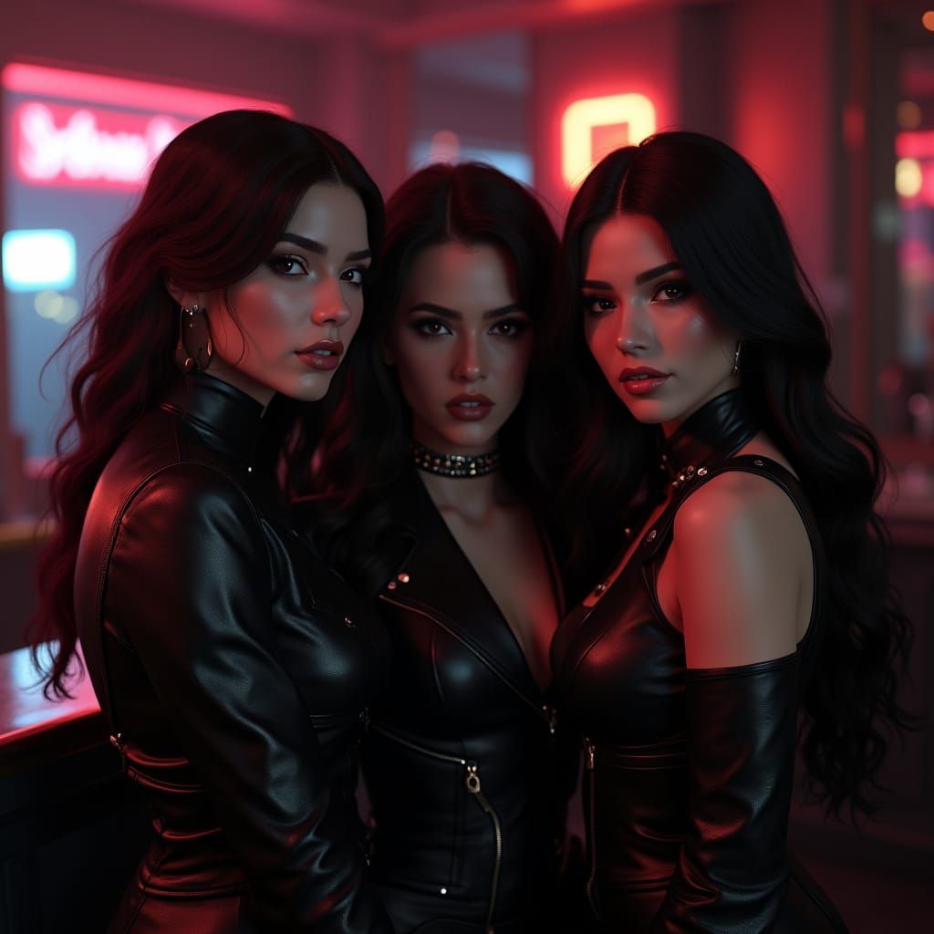 Stylish Women in Leather at Bar, Concept Art Portrait