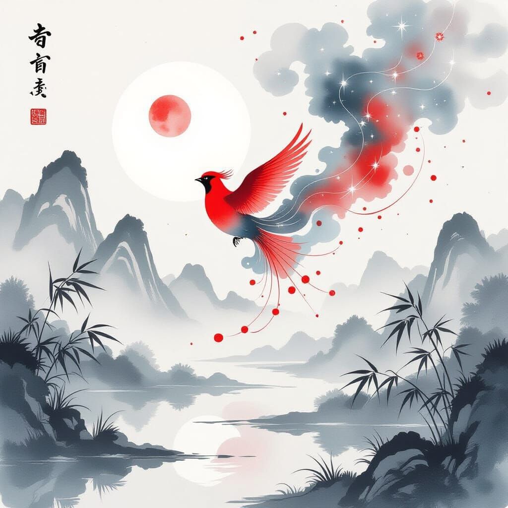 Celestial Ink Bird in Serene Chinese Landscape