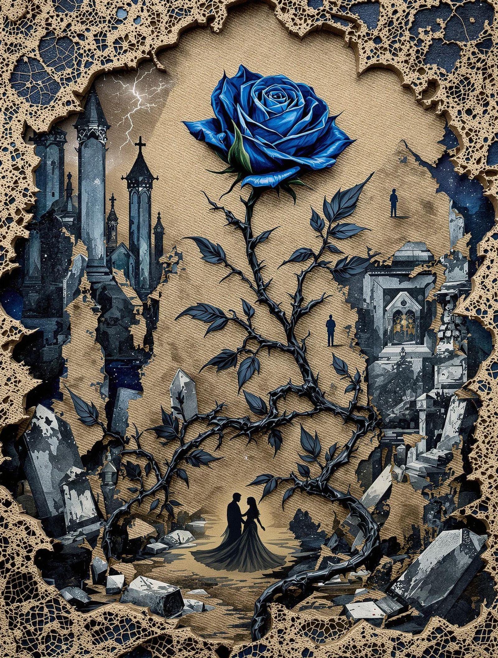 Gothic Blue Rose Blooms Amidst Ruins and Spectral Lovers