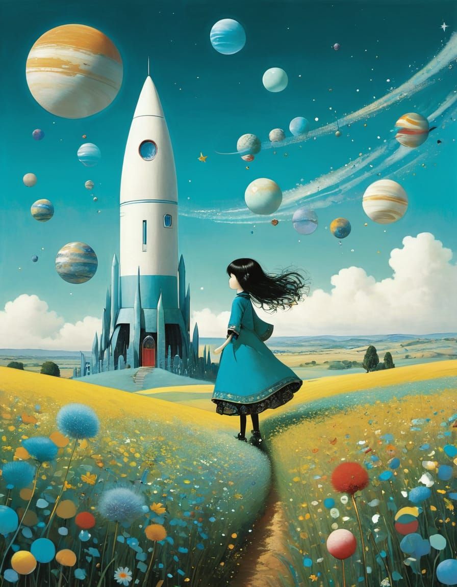 Cyan Rocket Soars Through Space, Surreal Illustration