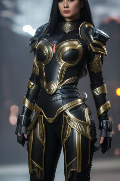 Futuristic Woman in Black Armor Ready to Shoot