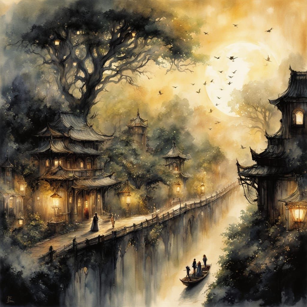 City Under Giant Trees Lit by Twinkling Lanterns