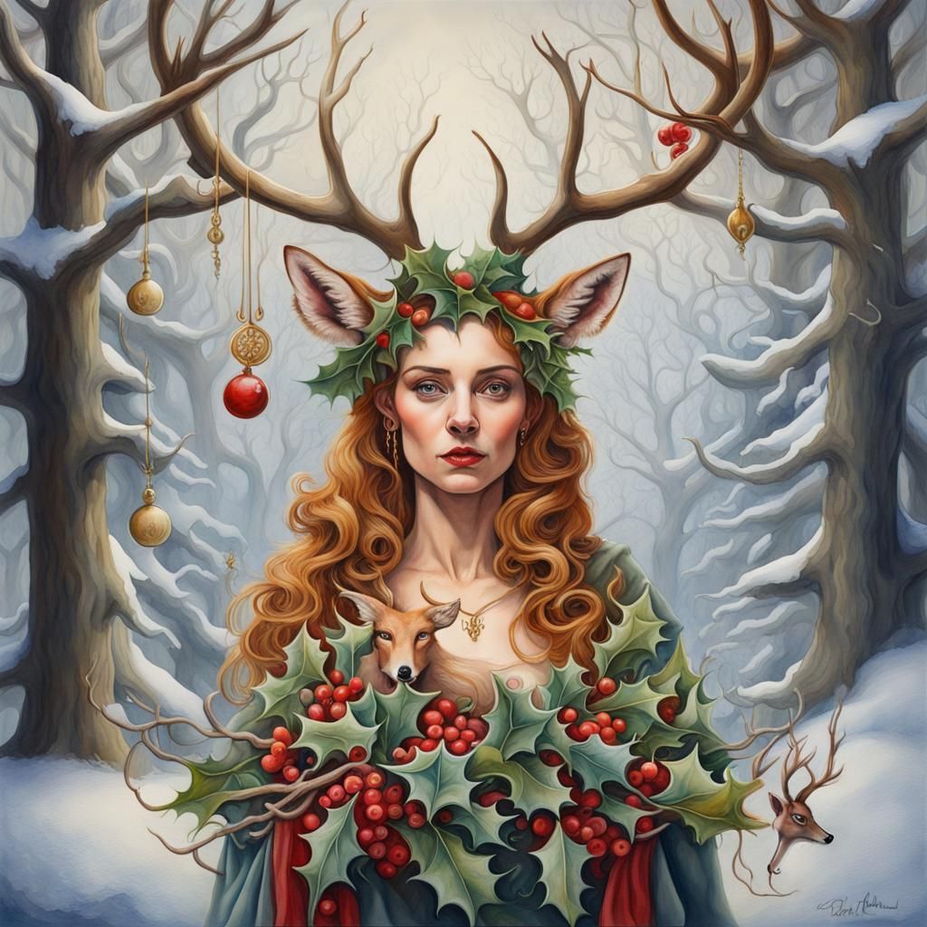 Winter Goddess with Fox and Stag in Watercolor