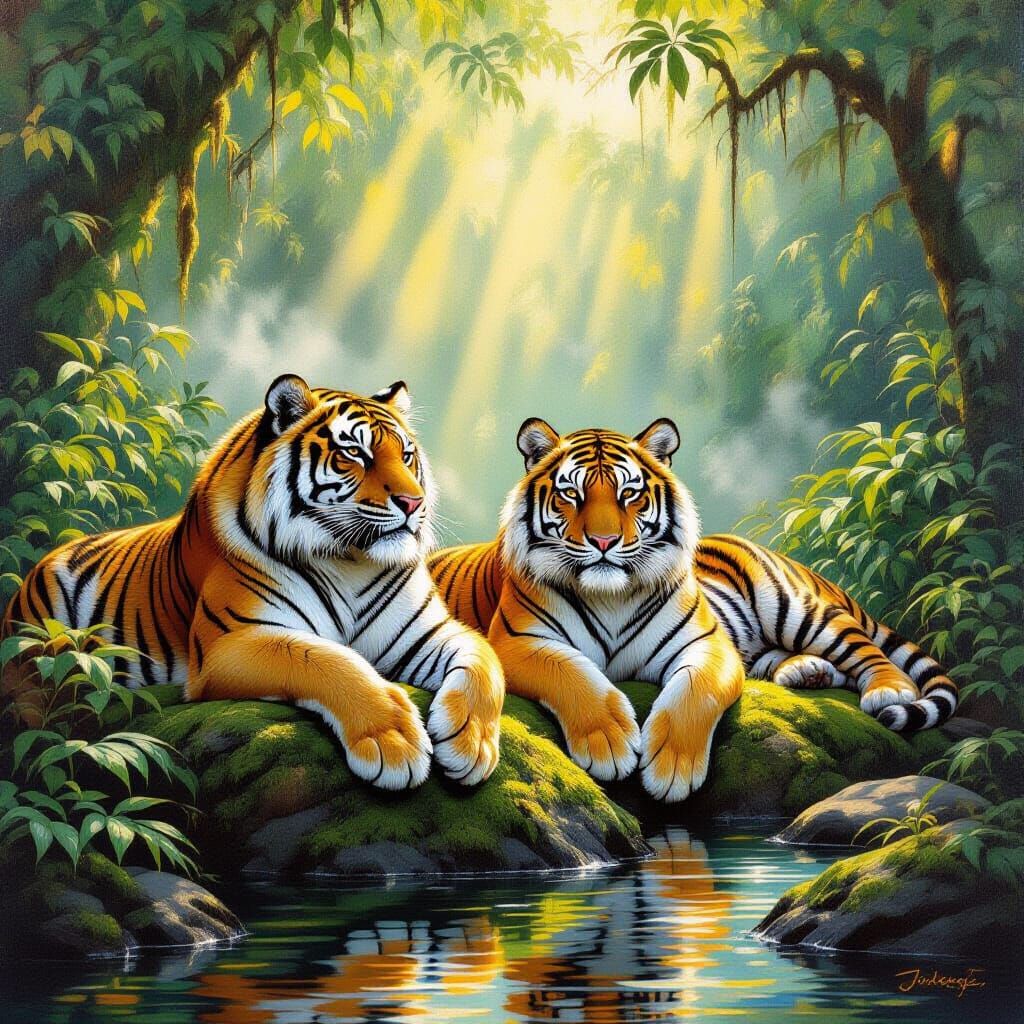Majestic Tigers in Sun-Dappled Jungle Oil Painting