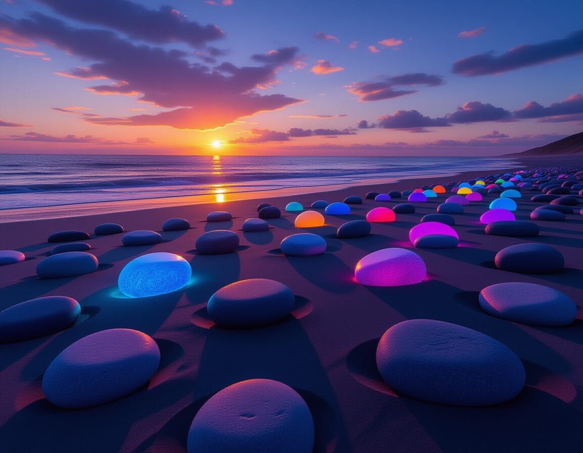 Neon Stones on a Dreamlike Beach at Dusk
