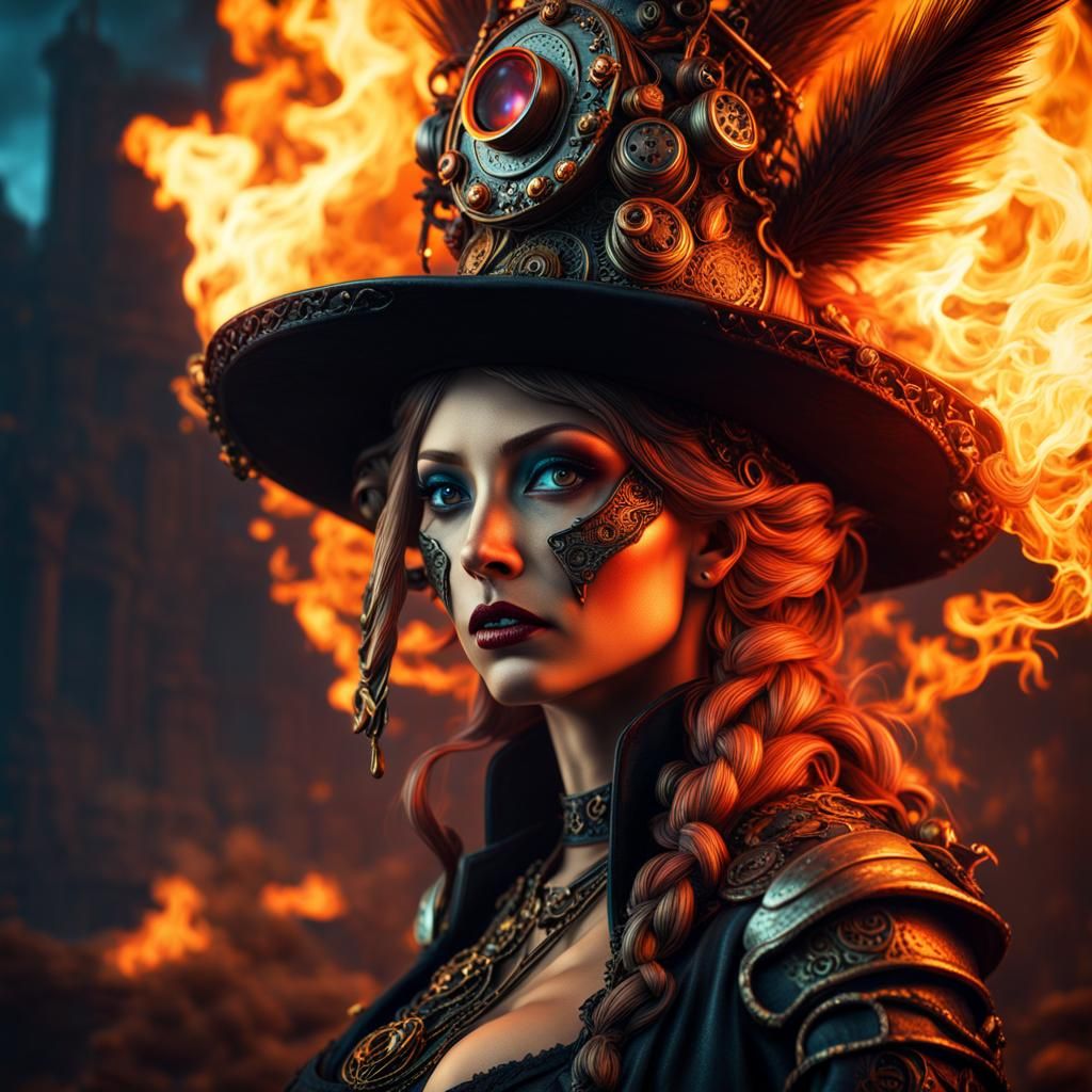 Steampunk Witch in Expressionist Horror Style