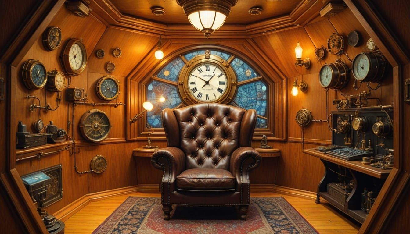 Interior of an elaborate quasi-Victorian time machine
