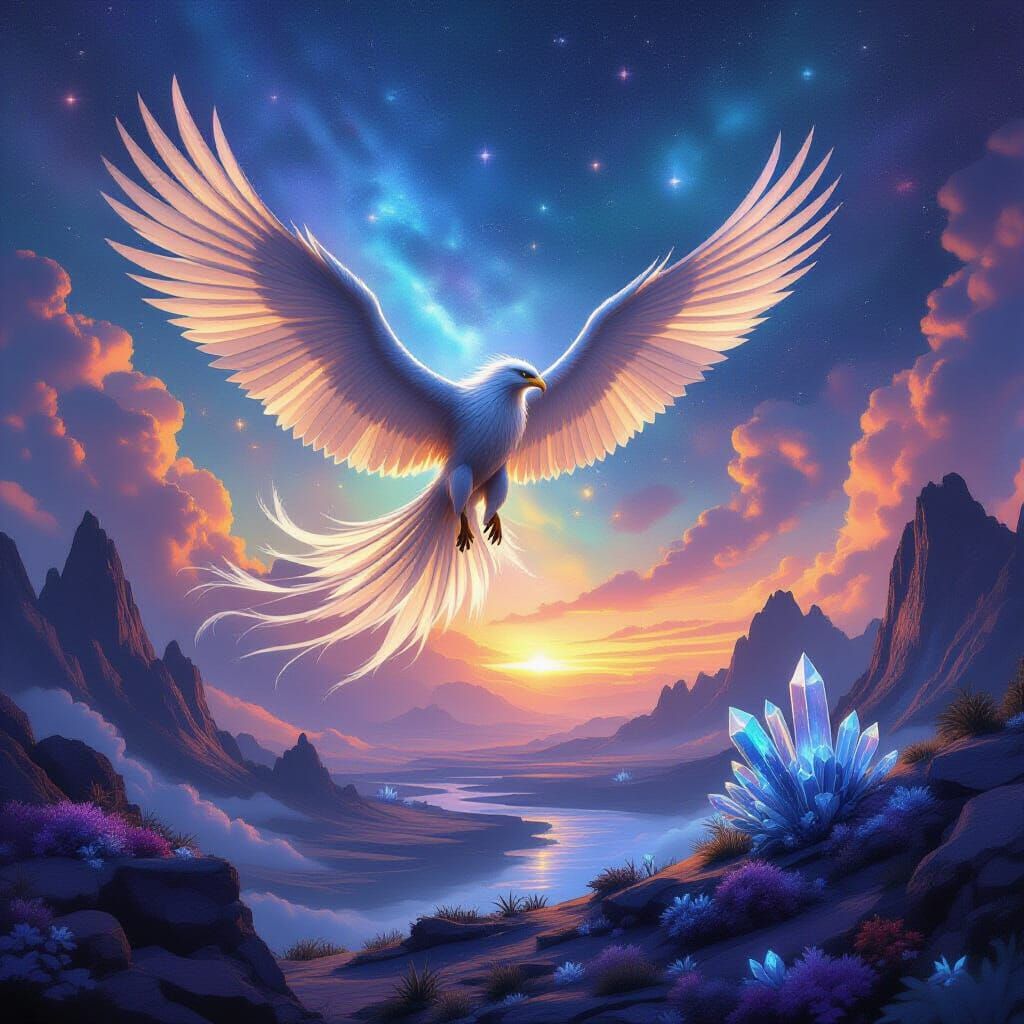 Majestic Griffin Soars Through Cosmic Nebula Sky