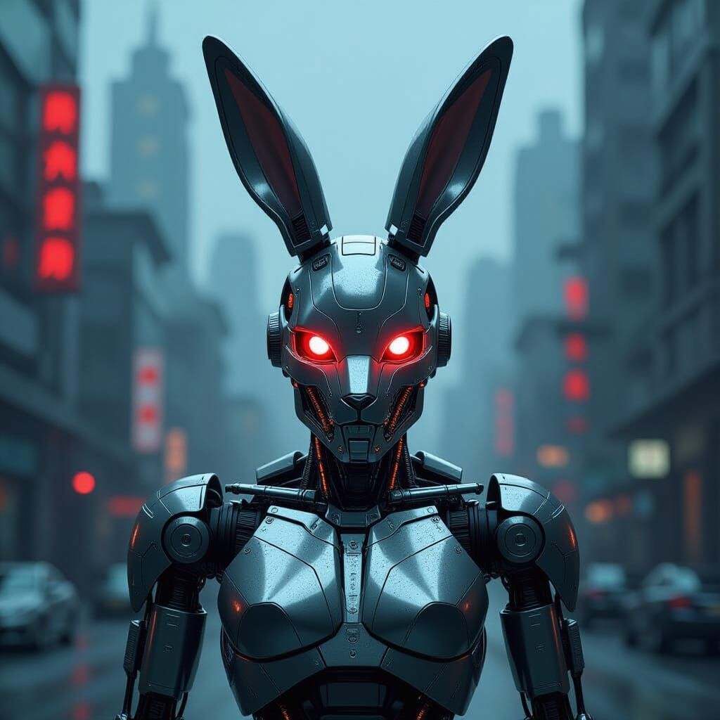 Cyberpunk Robotic Rabbit in Gritty Cityscape