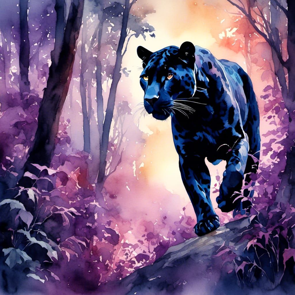 Black Jaguar in Forest, Digital Watercolor Illustration