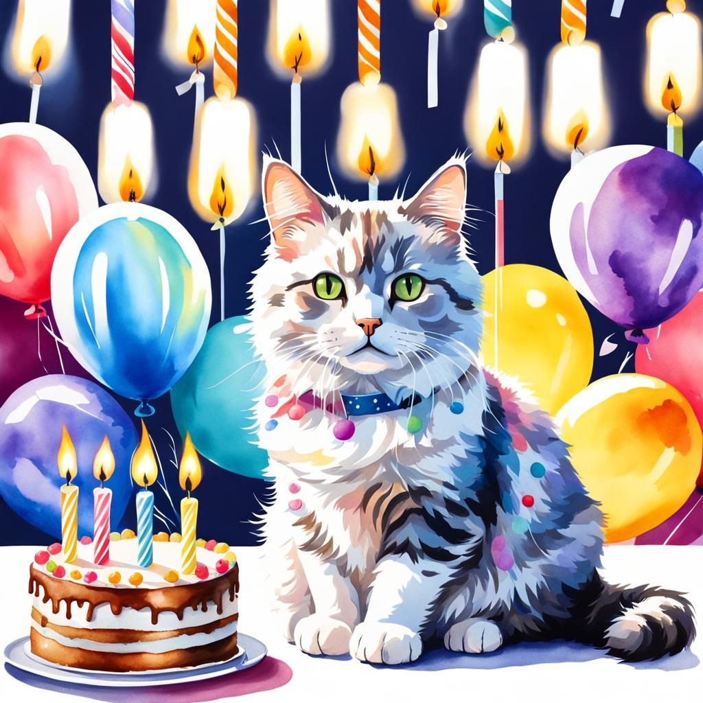 Hyperrealistic Cat Celebrates Birthday in Watercolor