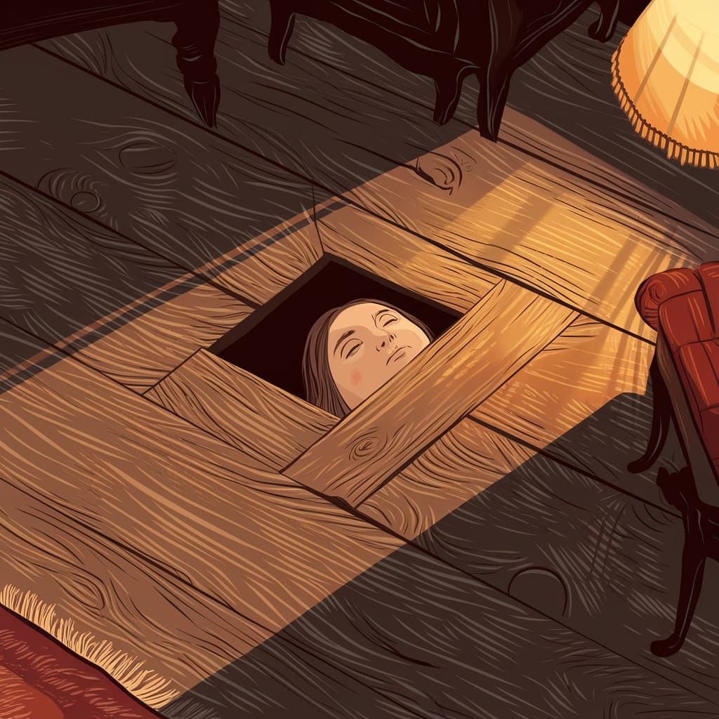 Face Emerges from Wooden Floor in Cozy Room
