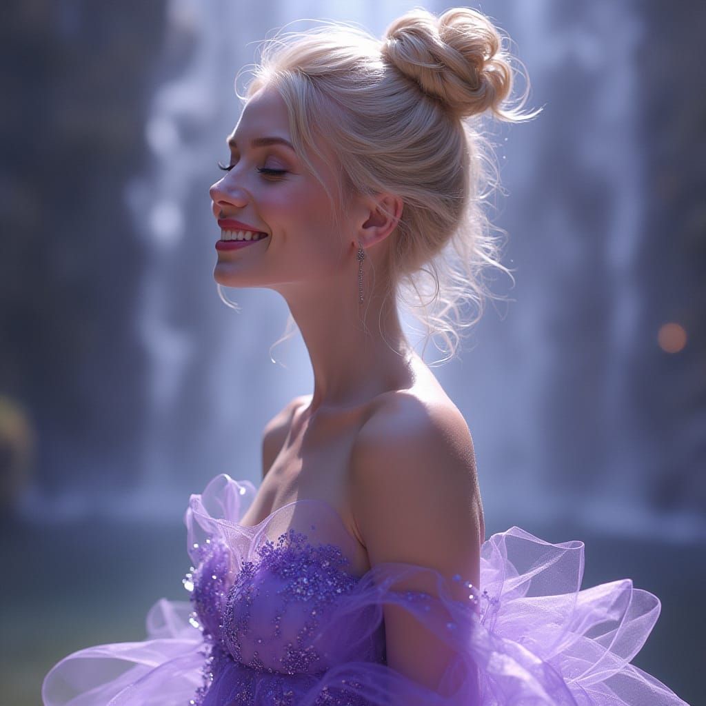 Melancholic Blonde Woman by Waterfall in Hyperrealism