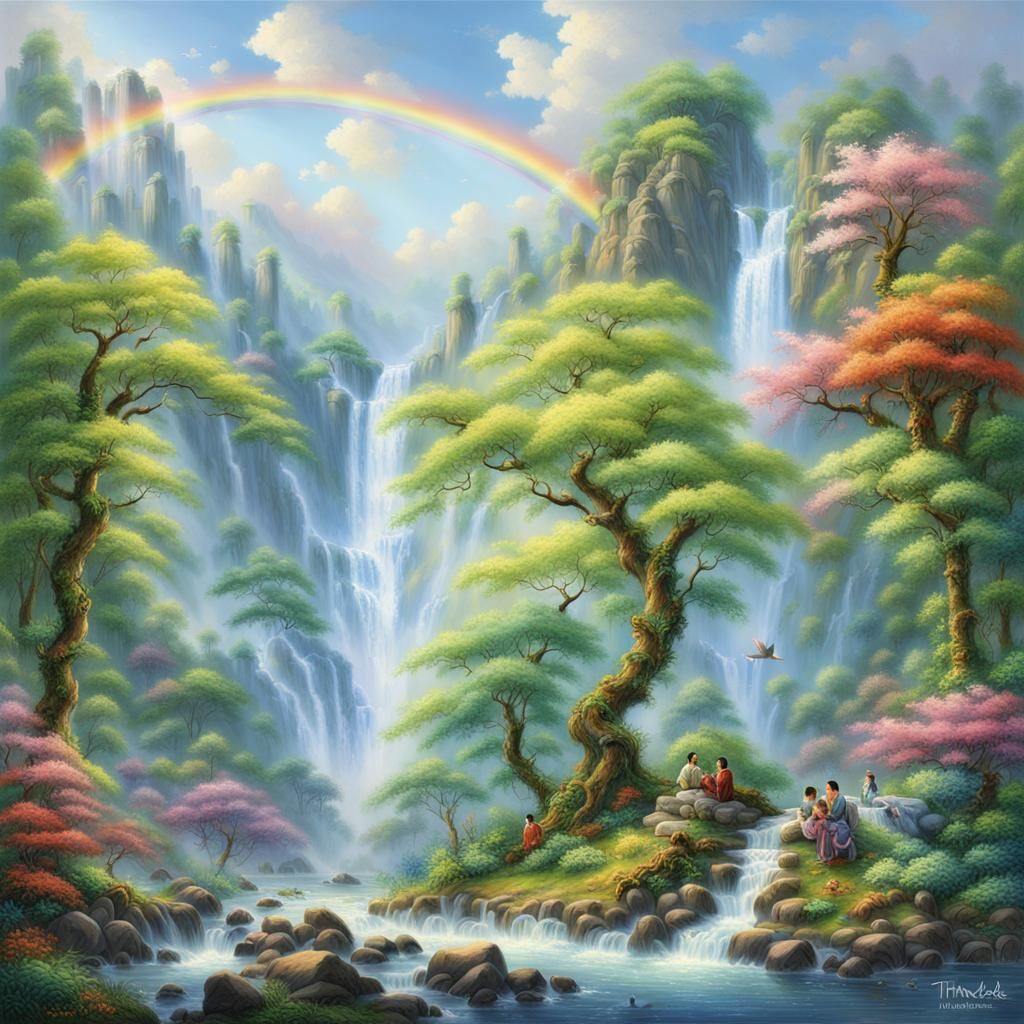 Feng Shui Bamboo Waterfall Rainbow Phoenix in Spring